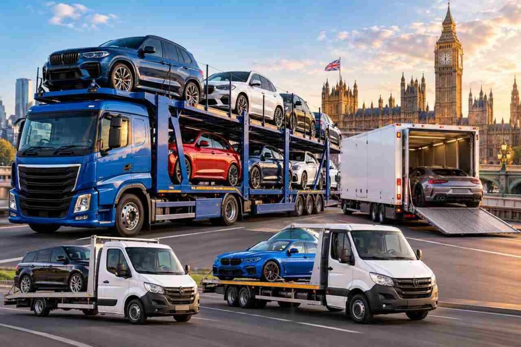 8 Best Car Transport and Vehicle Delivery Services in the UK 2026 Car transport truck delivering vehicles on a UK motorway in 2026.