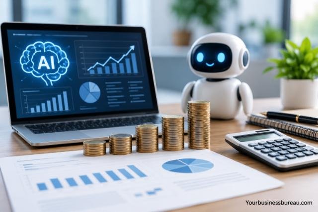 AI business solutions cost and ROI analysis displayed on a laptop with financial charts, coin stacks, calculator, and AI robot.