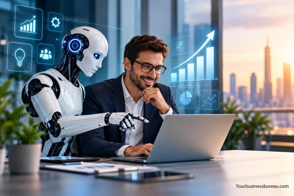 AI Business Solutions: How Artificial Intelligence Can Help Your Business Grow Smarter Business professional using AI business solutions and artificial intelligence tools to improve productivity and drive business growth.