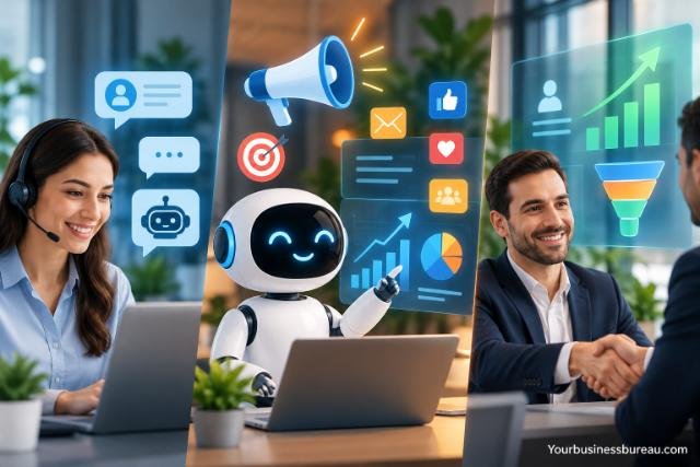 AI improving customer service, marketing, and sales through chatbots, automation, customer engagement, and data-driven insights.