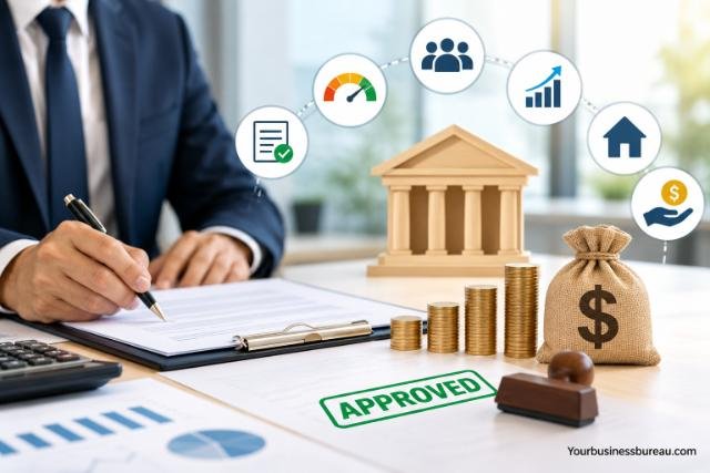Business loan eligibility requirements and approval factors, including credit score, financial documents, business growth, and loan approval.