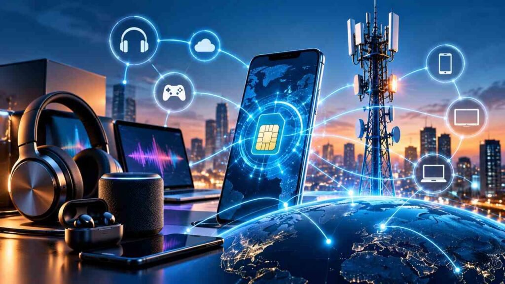 Audio and Tech Brands Explore Virtual Mobile Networks to Expand Revenue Wireless headphones and smartphone connected through a virtual mobile network.