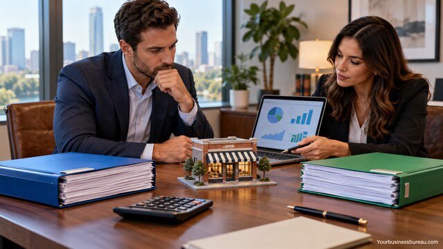 Business buyer comparing SBA loan and conventional loan options with a financial advisor while reviewing a small business purchase.