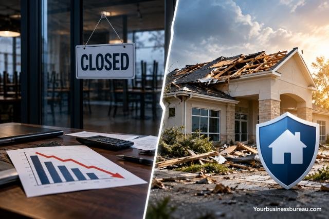 Business interruption insurance vs. property insurance showing a closed business and storm-damaged property with insurance protection.