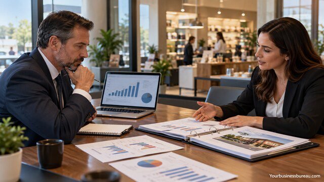 Lender reviewing financial documents with a business buyer during a business acquisition financing meeting.
