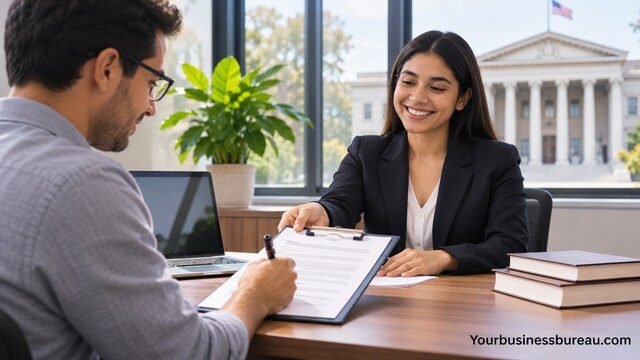 Business owner applying for a government backed business loan with a financial advisor.