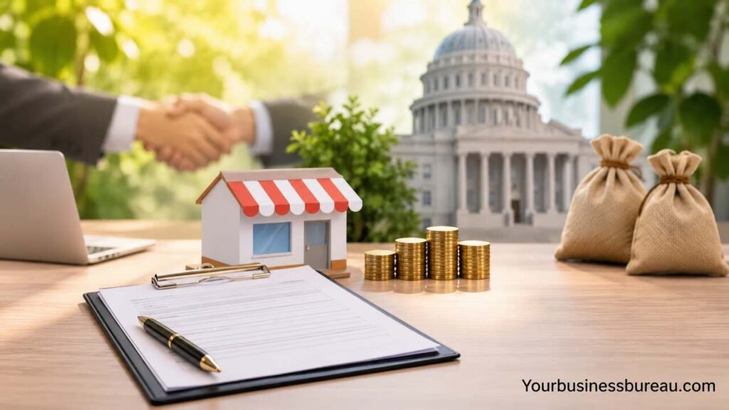 Government Backed Business Loans: A Complete Guide to Funding, Eligibility, and Application Government backed business loans with funding documents, coins, small business storefront, and government building.