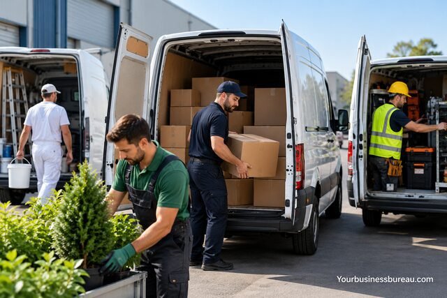 Tradespeople loading and organizing work equipment, delivery boxes, and plants in commercial vans for different business uses covered by temporary van insurance.