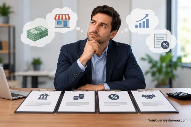 Business owner comparing loan options to choose the best business loan for financial needs.