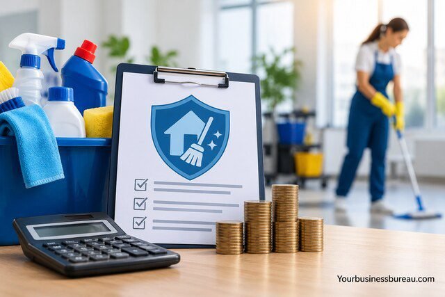 Cleaning business insurance cost concept featuring cleaning supplies, an insurance checklist, calculator, and stacks of coins.