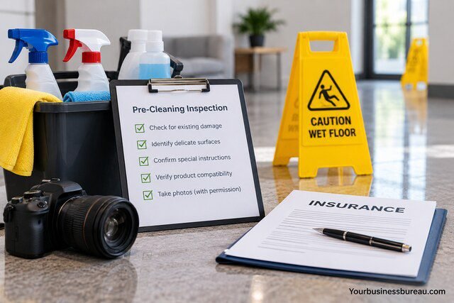 Cleaning business insurance risk prevention with safety checklist, cleaning supplies, wet floor warning sign, and insurance documents.