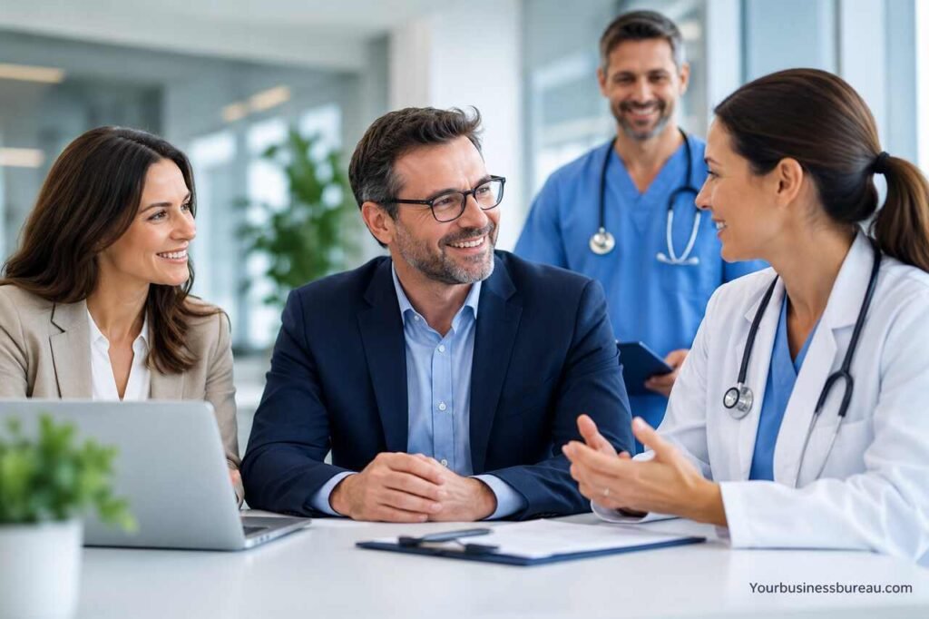 Bupa Business Health Cover: Plans, Benefits, Costs and Employer Considerations Business professionals discussing Bupa Business Health Cover with healthcare specialists.