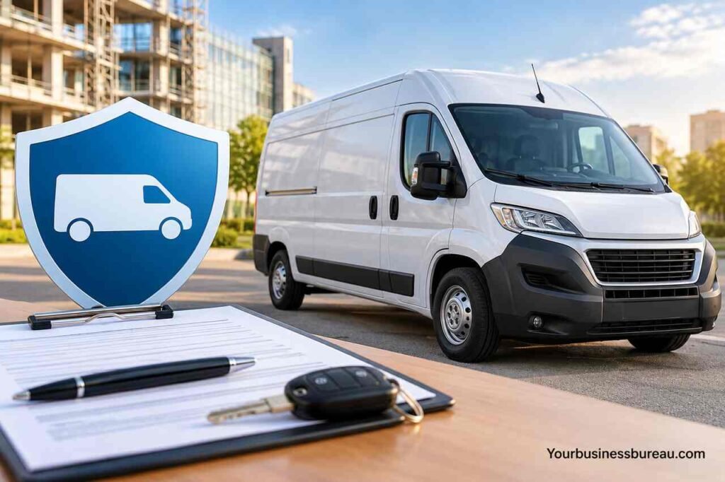 White commercial van with a blue insurance shield representing temporary business van insurance.