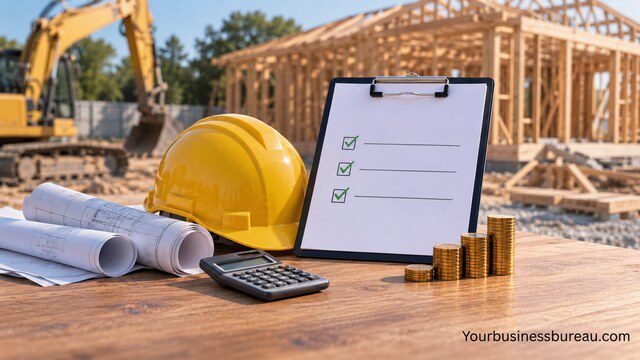 Construction business insurance cost concept featuring a yellow hard hat, construction blueprints, calculator, insurance checklist, and stacks of coins.