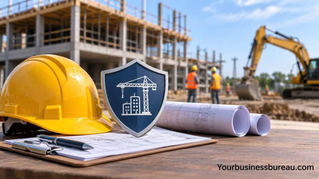 Construction business insurance protection with safety helmet, building plans, and shield at an active construction site.