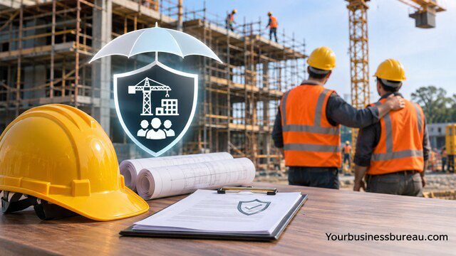 Construction business insurance protecting construction projects and employees, featuring workers, safety helmets, blueprints, and a protective shield.