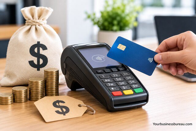 Card payment machine with contactless debit card, stacked coins, and price tag illustrating card payment machine costs.