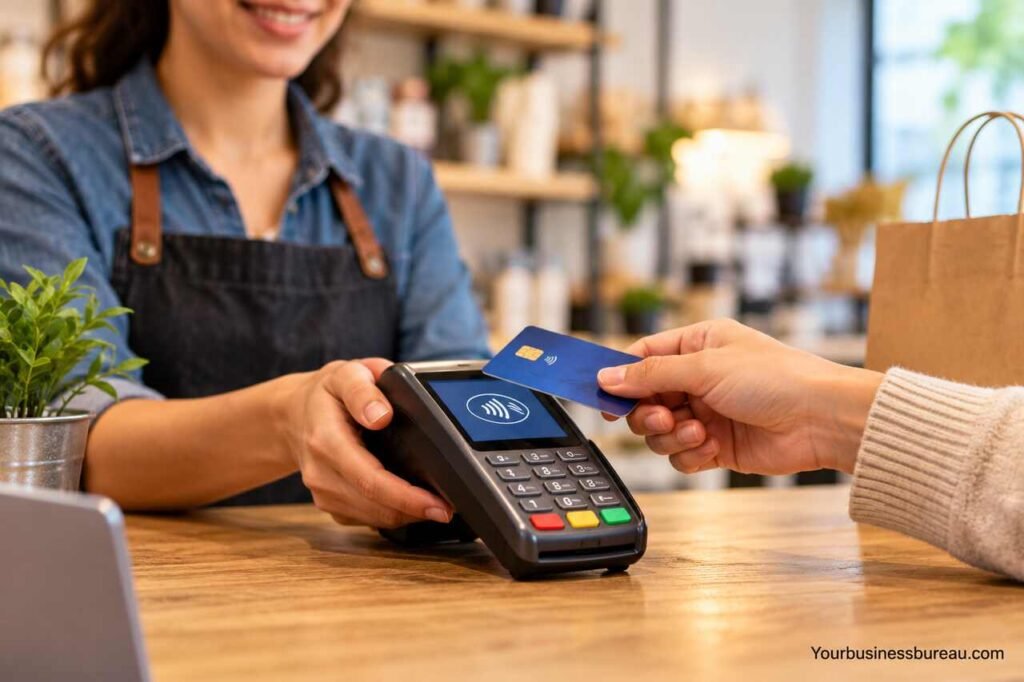 Card Payment Machine for Small Business: How to Choose the Best Option Customer using a card payment machine for small business at a retail checkout counter.