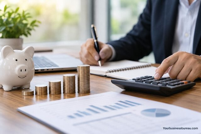 Business owner calculating interest on a business savings account using a calculator, with growing stacks of coins.