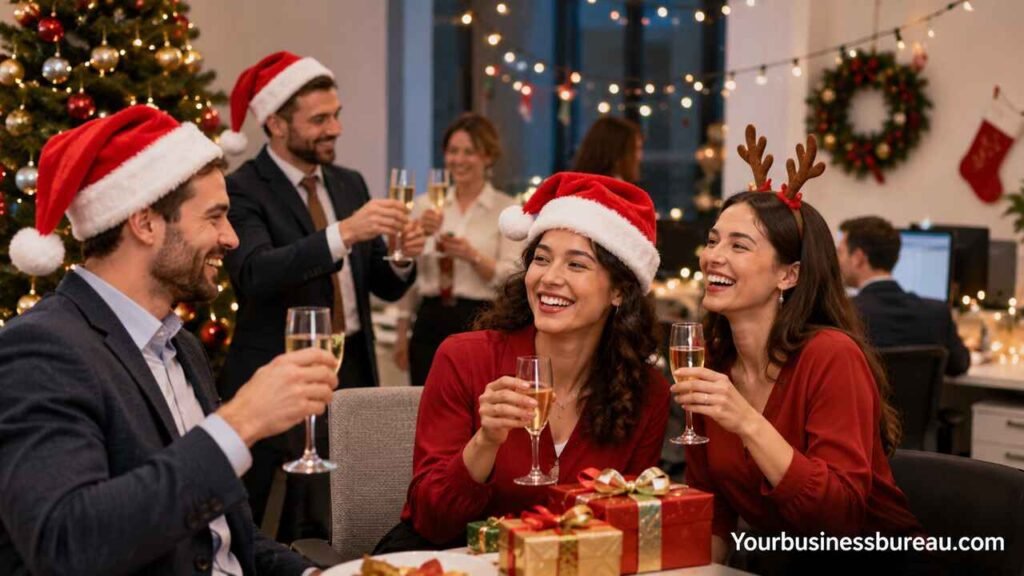 Employees celebrating a Christmas office party to strengthen team morale and employee engagement.