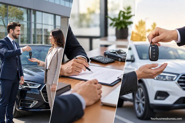 Types of business car leasing agreements featuring vehicle handover, lease contract signing, and business car financing.