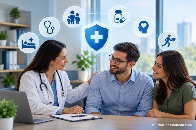 Bupa business health insurance consultation showing a doctor and employees with healthcare coverage icons.