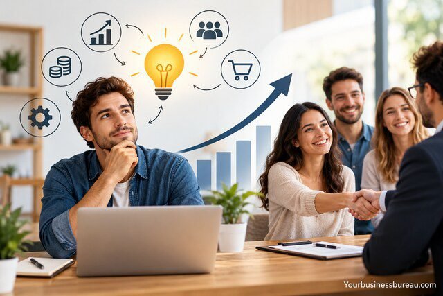 Entrepreneur developing a profitable business idea and connecting with first customers.