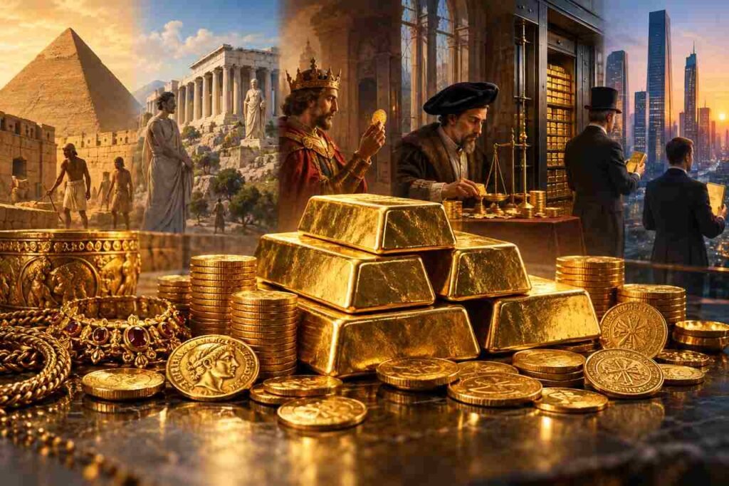 Gold bars and ancient gold coins representing gold as a store of value throughout history.