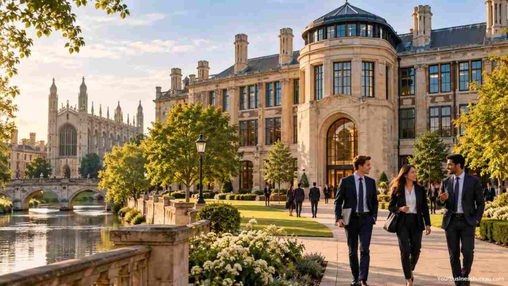 Cambridge Judge Business School: Courses, MBA Fees, Admissions, Scholarships and Career Opportunities Cambridge Judge Business School campus with business students walking near university buildings