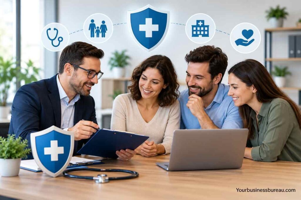 Small Business Private Health Insurance: Coverage Options, Costs, and How to Choose the Right Plan Small business private health insurance consultation with employees reviewing healthcare coverage options.