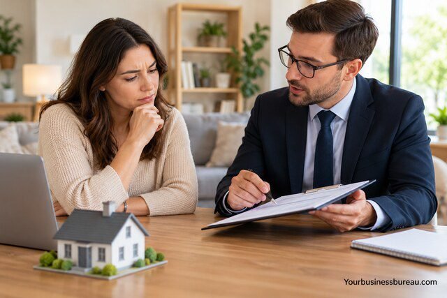 Homeowner discussing business use of home insurance with an insurance advisor while reviewing policy documents.