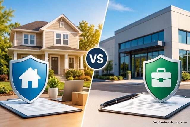 Home insurance with business use vs separate business insurance comparison showing a residential house and commercial office with protective insurance shields.