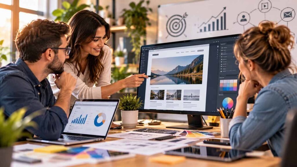 How to Choose a Web Design Agency That Supports Your Marketing Goals Web design agency team collaborating on website design, SEO strategy, and digital marketing goals.