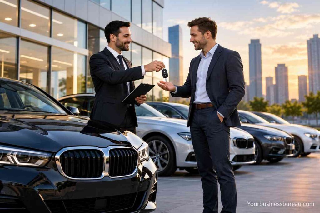Business car lease deals with a professional handing over car keys outside a luxury car dealership.