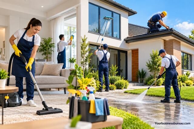 Professional cleaning and property maintenance services, including house cleaning, window washing, roof repairs, and pressure washing.