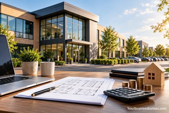 Parkhall Business Centre office cost concept with workspace building, floor plans, calculator, coins, and property model.