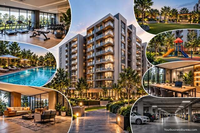 Modern Parkhall tenant facilities featuring a gym, swimming pool, lounge, gardens, playground, workspace, and secure parking.