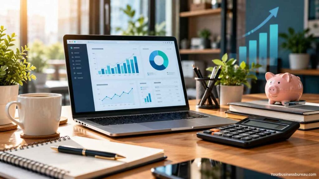 Small Business Accounting Software: Best Options, Features, Costs, and How to Choose Small business accounting software dashboard displaying financial reports, charts, and bookkeeping tools on a laptop.