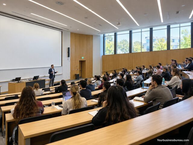 Students attending a lecture in a modern university classroom with tiered wooden desks, laptops, and a professor teaching.