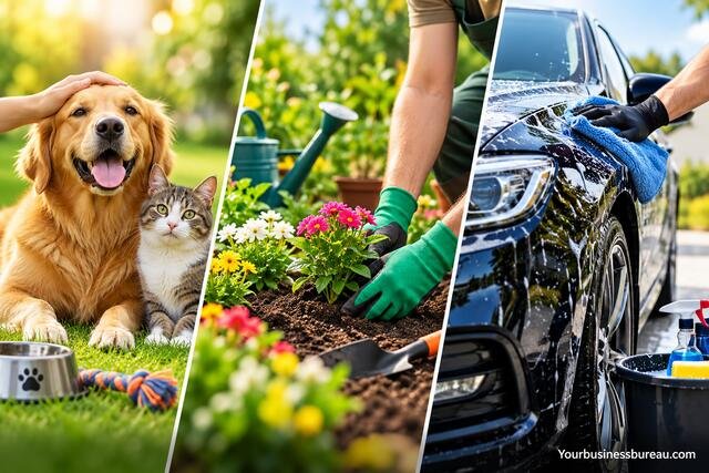 Pet care, gardening, and mobile car valeting services featuring a dog and cat, flower planting, and professional car cleaning.