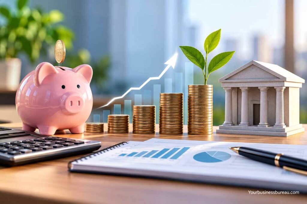 Business Savings Account Interest Rates: How to Compare Rates and Maximize Your Returns Business savings account interest rates illustrated with growing coin stacks, a piggy bank, and a bank building.