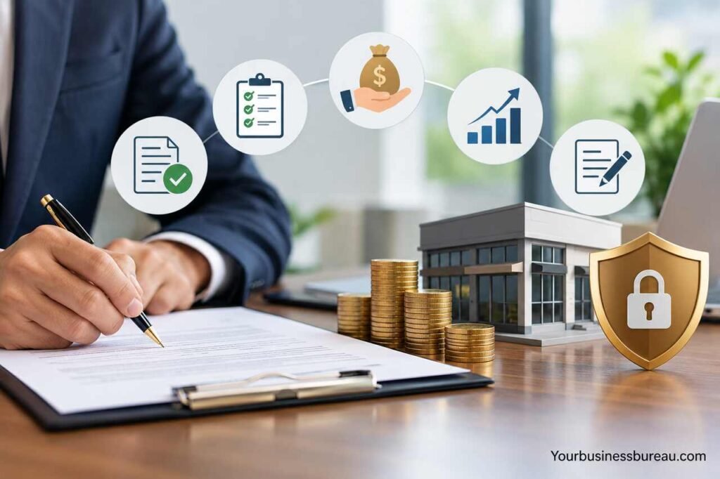 Secured Business Loan: How It Works, Requirements, Benefits, and How to Apply Secured business loan application with collateral, business property, financial documents, and funding.