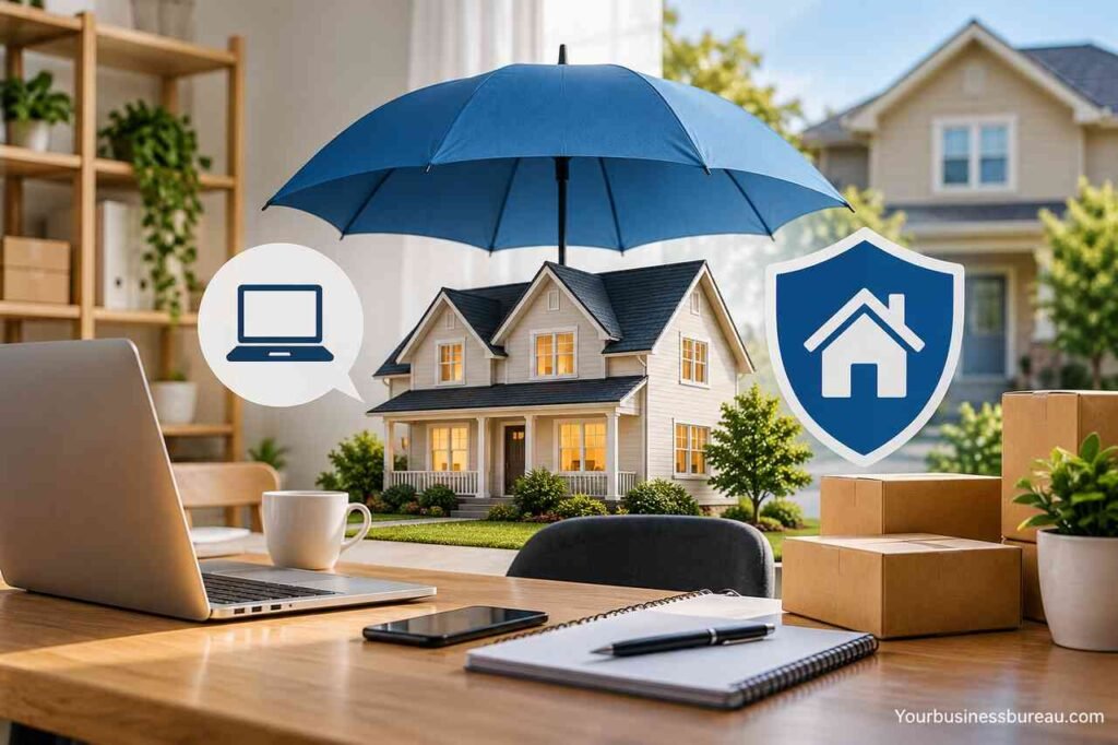 Home Insurance With Business Use: What Is Covered and What Insurance Do You Need? Home insurance with business use illustrated by a house protected by an umbrella, alongside home office equipment.