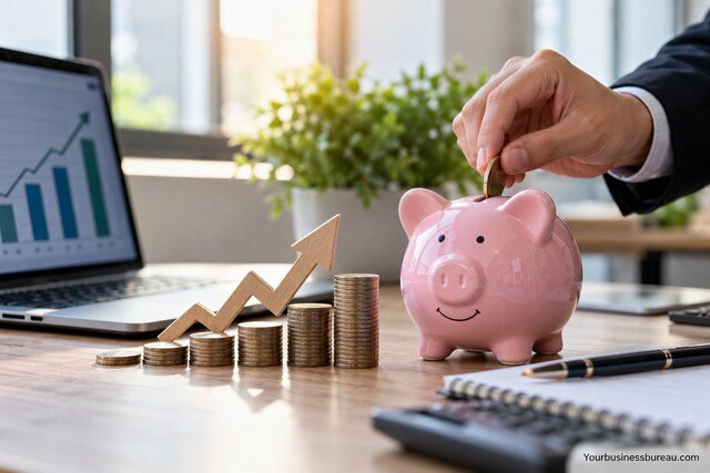Business owner depositing a coin into a piggy bank beside growing savings and a financial chart.