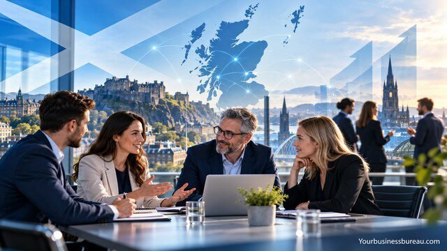 Business professionals discussing Business Gateway vs other business support organisations in Scotland, with a Scottish map and business growth symbols.