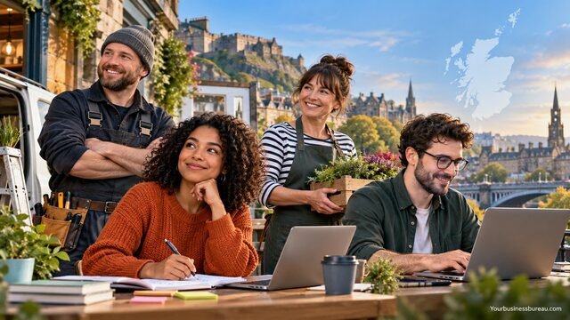 Scottish entrepreneurs and small business owners representing different sectors eligible for Business Gateway support in Scotland.