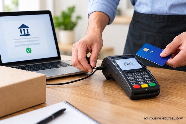Business owner setting up a card payment machine, connecting a POS terminal to a laptop and testing a contactless card payment.
