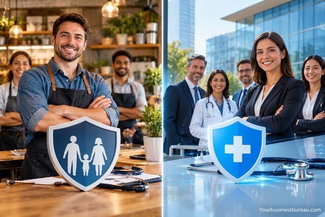 Small business health cover vs Bupa corporate healthcare comparison featuring business owners, employees, medical professionals, and healthcare protection symbols.