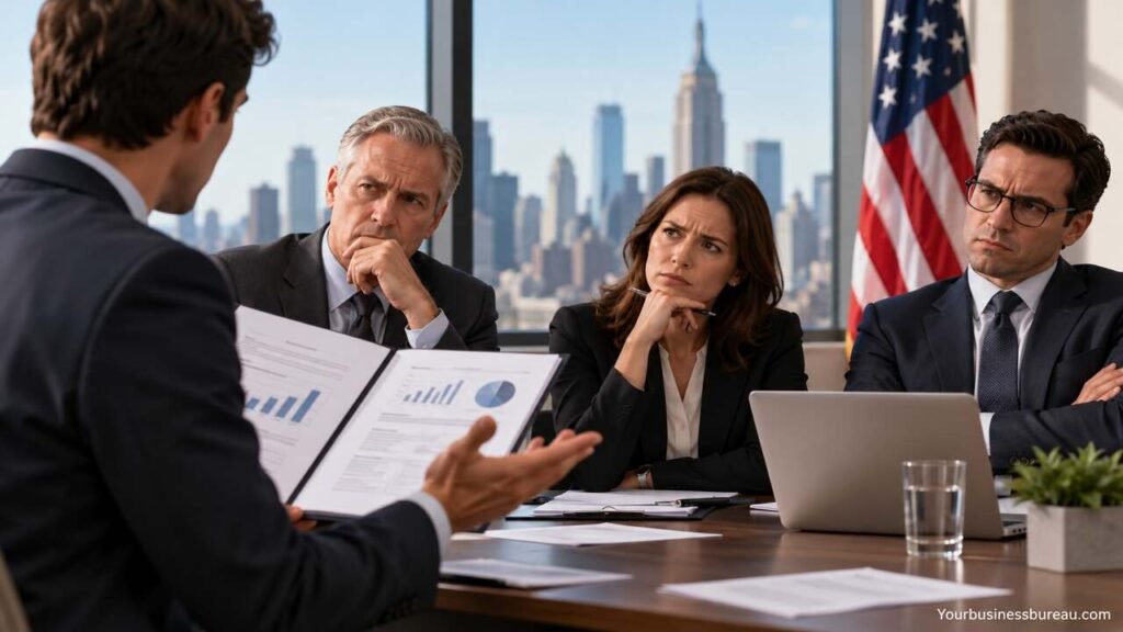 Why Business Plans Fail to Convince Investors in the United States Entrepreneur presenting a business plan to skeptical investors in a United States boardroom.