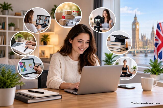 Woman working from home on a laptop, exploring online business ideas in the UK, including e-commerce, freelancing, tutoring, and content creation.